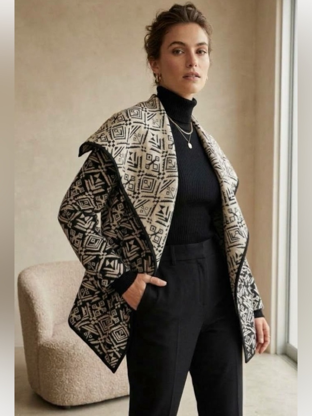 KENAR Black Cream Aztec Geometric Draped Open Front Jacquard Jacket Cardigan L